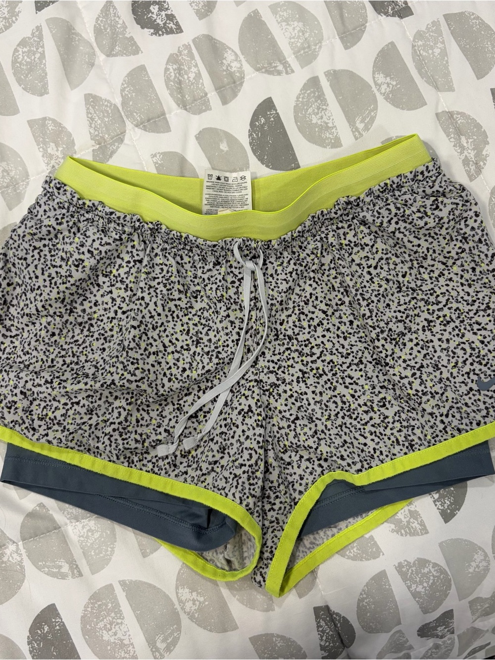Nike Gray Speckle Athletic Shorts with Neon Yellow Trim